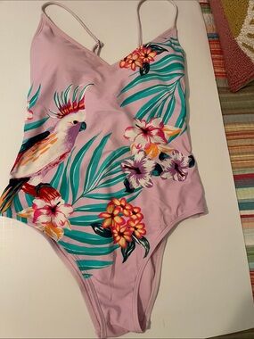 Lavender cockatoo tropical one piece bathing suit size large